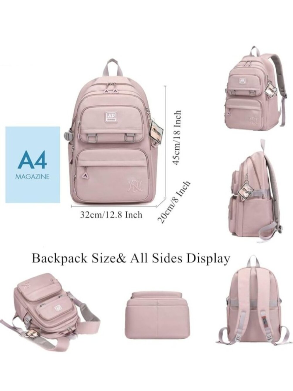 Pink Backpack Water Resistant Travel School Laptop Bookbag 18" Anti Theft - Picture 2 of 8
